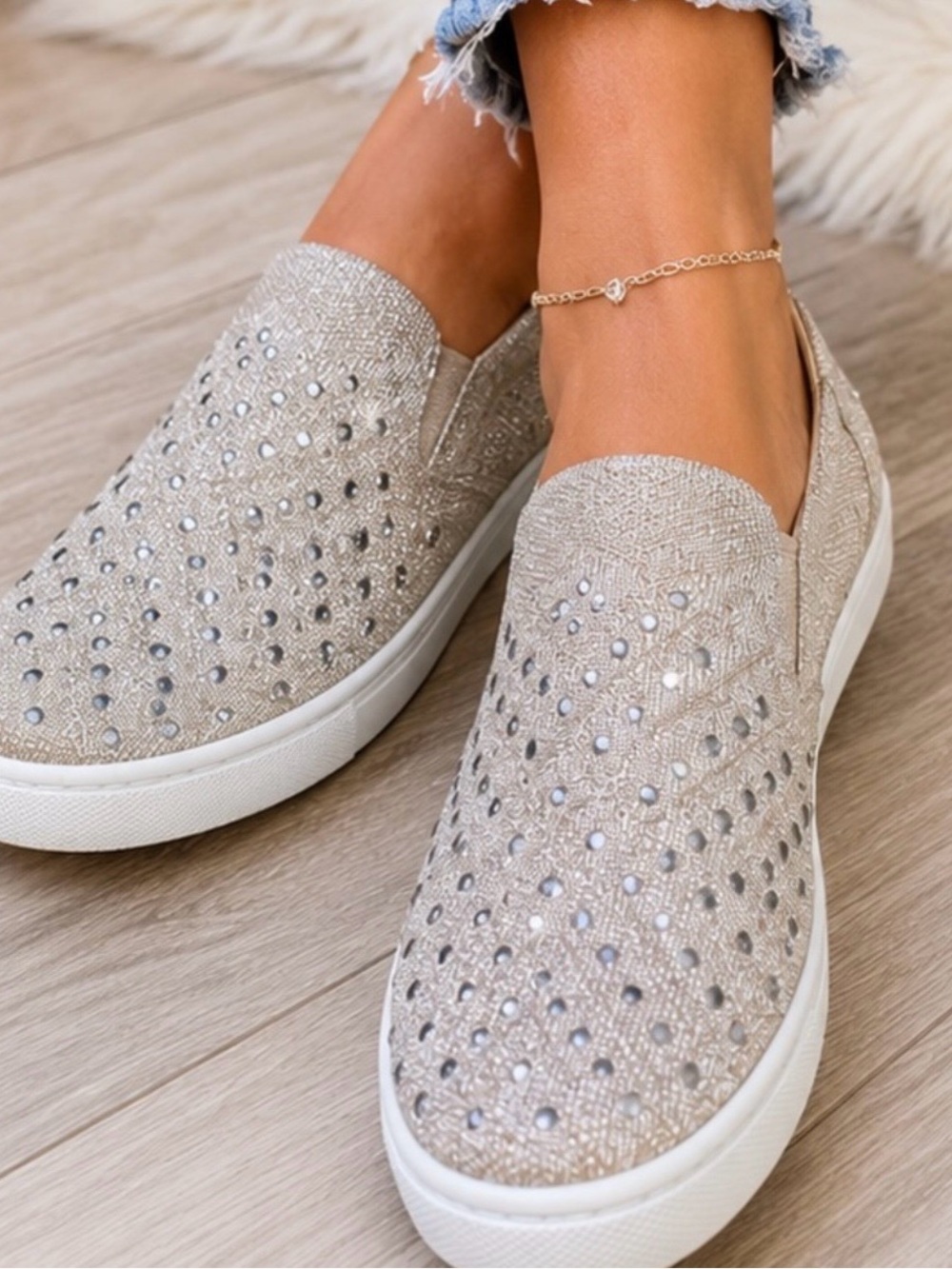 White Mountain Champagne Slip-On Loafers with Rhinestones Champagne w/Silver